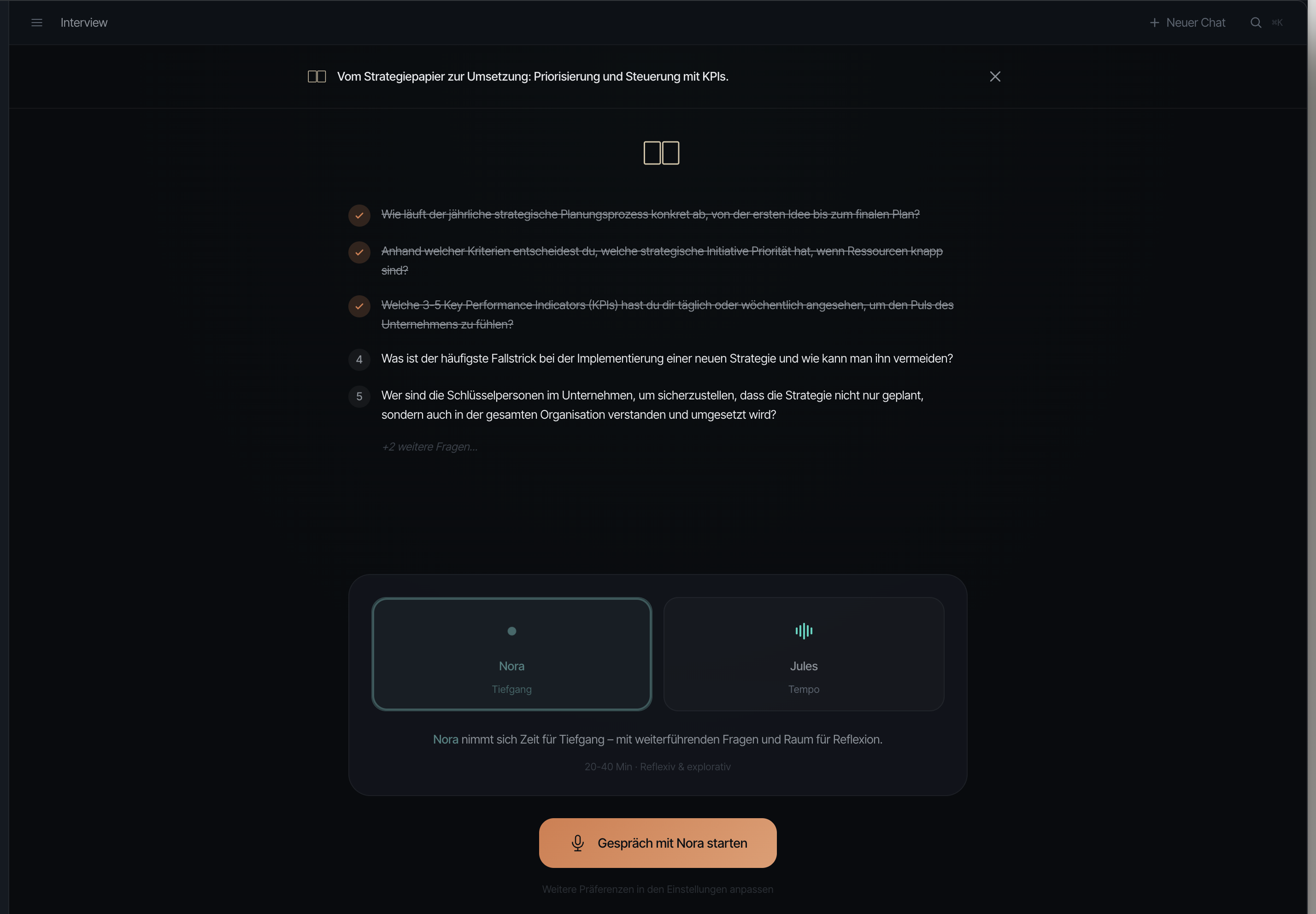 BRDG Interview-View mit strukturierten Fragen und Nora/Jules Auswahl