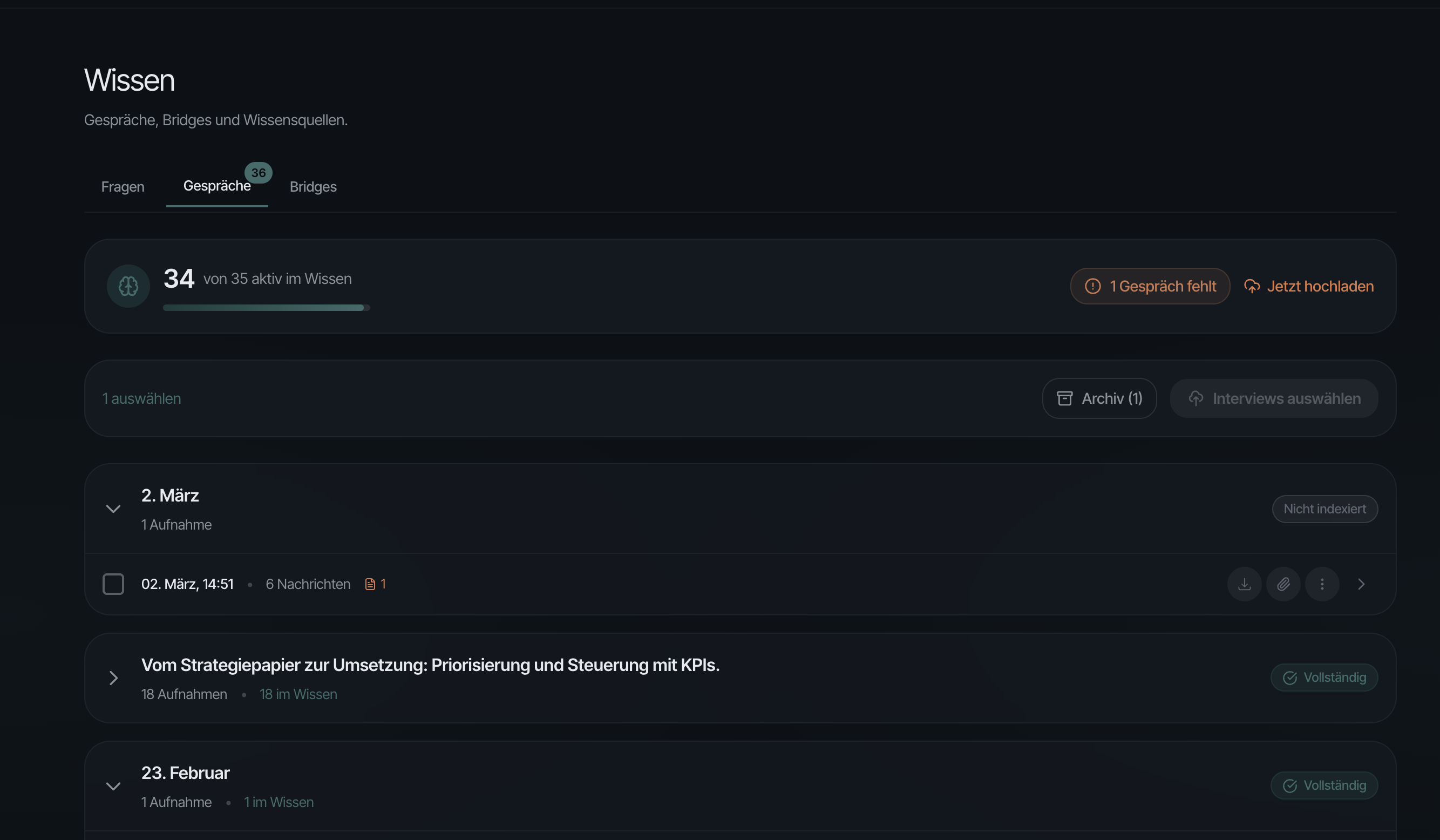 BRDG Wissen-Archiv mit indexierten Gesprächen und Transkripten